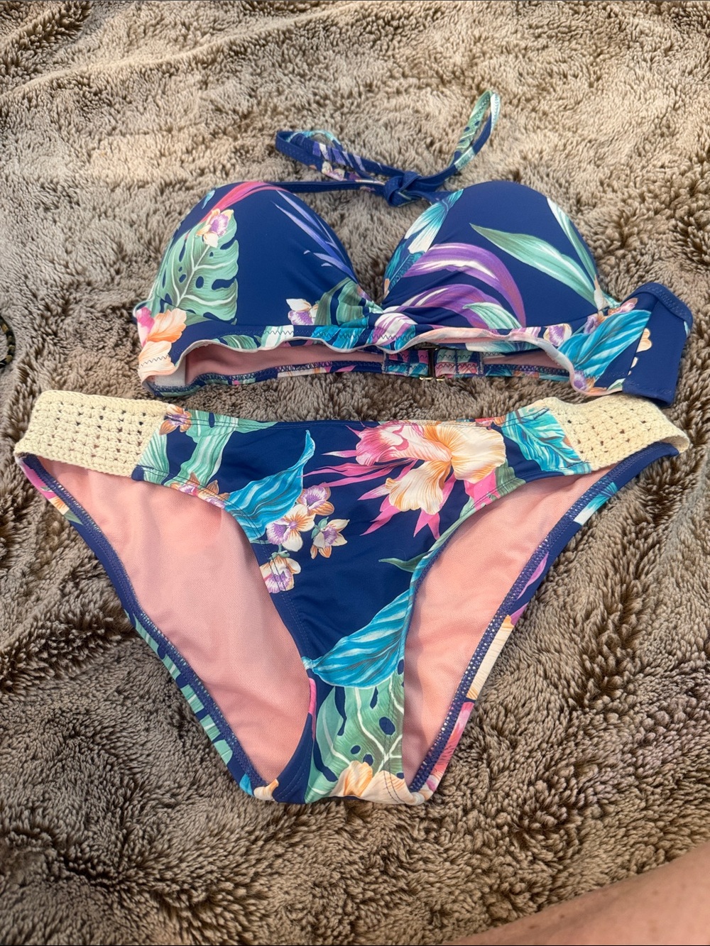 Hobie Navy Floral Halter Bikini - Pink, Green, Teal